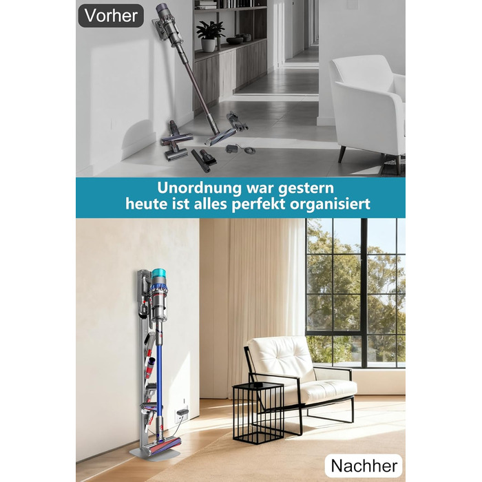 Стійка для пилососа Dyson Gen5 V15 V12 V11 V10 V8 V7 V6 – на підлогу, без свердління, 4 гаки, срібляста