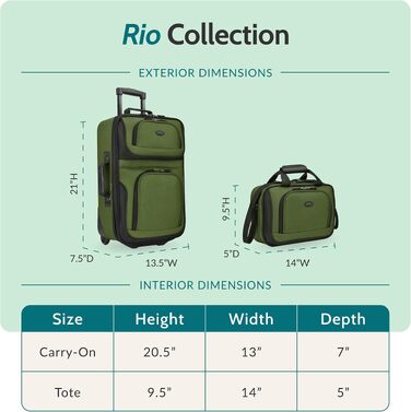 Набір розширюваної ручної поклажі Rio Rugged Fabric на 2 колесах, зелений