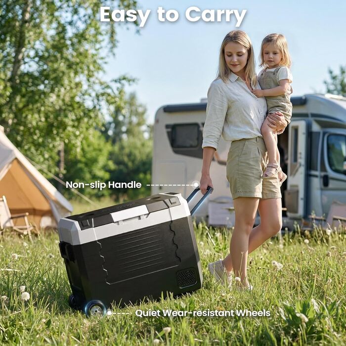 Автомобільний холодильник KROAK 55L з Bluetooth, Dual-Zone (-20°C/+20°C), 12/24/230V – для кемпінгу, авто, вантажівок, з колесами та перегородкою