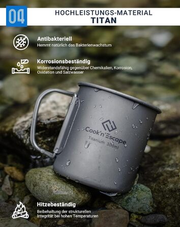 Титанова чашка для кемпінгу COOK'N'ESCAPE Titan Becher 300 мл з кришкою та складною ручкою - легка, міцна, жаростійка для туризму, пікніка