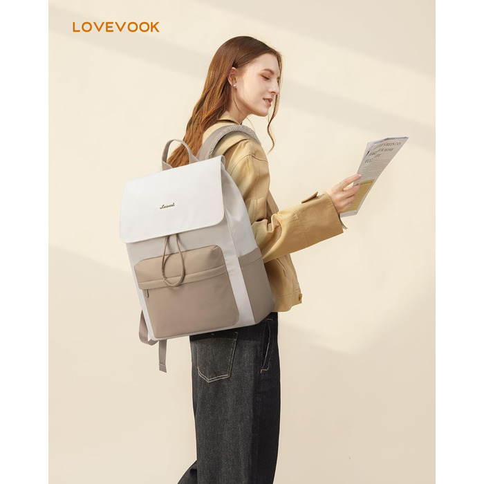 LOVEVOOK Рюкзак для жінок, легкий шкільний рюкзак для підлітків з відділенням для ноутбука 15.6 дюймів, жіночий рюкзак для навчання, подорожей, роботи (M-15.6 дюймів, Бежевий+хакі)