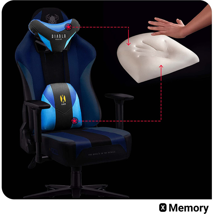 Ігрове крісло Diablo X-Player Frost Black L, тканинне, ергономічне, 3D підлокітники, для офісу і комп'ютера, з подушками для шиї та попереку