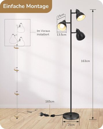 Торшер EDISHINE 163 см, 3 лампи, чорний, з LED-лампою E27, регульований, вінтажний, для вітальні, спальні, офісу, з індивідуальними вимикачами, сучасний дизайн, лампа у комплекті