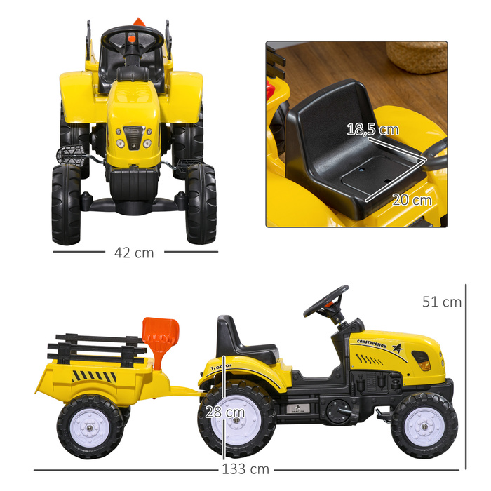 Трактор Trettraktor з причепом, інструментами, гудком, для дітей від 3 років, металевий каркас, чорно-жовтий, 133 x 42 x 51 см