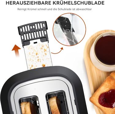 Тостер KitchenBoss Edelstahl на 2 тости: з підставкою для булочок, знімним піддоном для крихт, 6 рівнів підсмажування, автовимкнення, розморожування та підігрів - 870 Вт