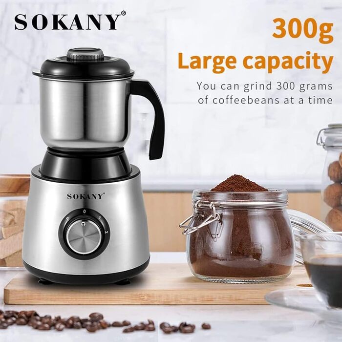 Електрична кавомолка SOKANY 500 Вт з нержавіючої сталі, 2 режими помелу, 300 г, млин для кавових зерен, спецій, горіхів, зернових