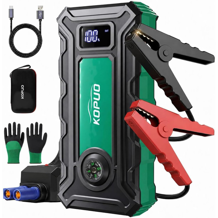 Пусковий пристрій (бустер) 7000A з компресором для автомобіля 12V, Powerbank для ПКВ (Блакитний-Зелений)