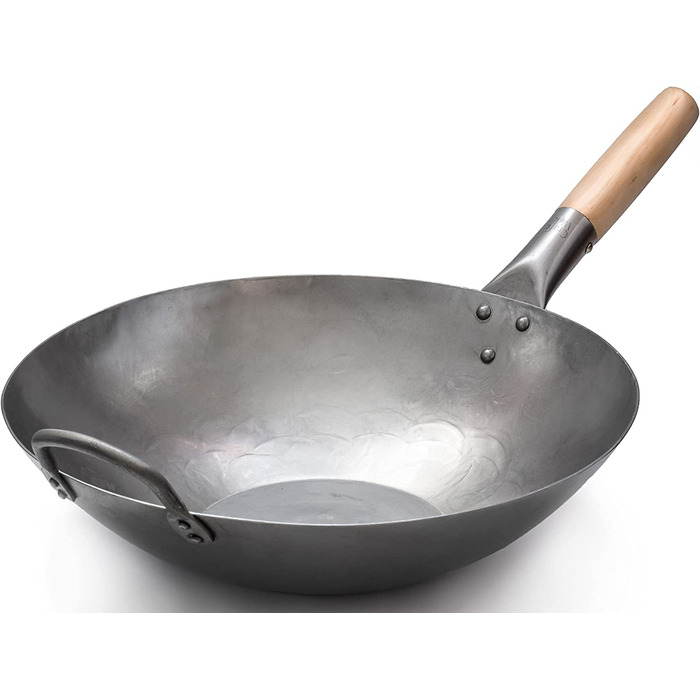 Професійний вок Craft Wok 35,6 см, плоске дно, ручна ковка, вуглецева сталь, дерев'яна та сталева ручка