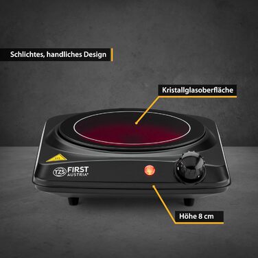 Інфрачервона керамічна плита TZS First Austria 17,5 см — електрична переносна одноконфоркова плита для всіх типів посуду, швидкий нагрів, плавне регулювання, індикатор, ідеально для кухні, дачі, кемпінгу