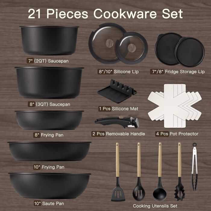 Набір посуду Astercook 21 предмет: каструлі та сковороди з керамічним антипригарним покриттям, знімні ручки, для індукції, духовки, кемпінгу, чорний