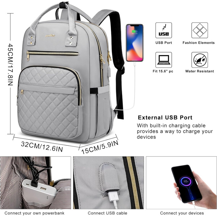 Жіночий рюкзак YAMTION для ноутбука 15.6'', шкільний рюкзак з USB для дівчат, підлітків, університету, роботи, міста, сірий