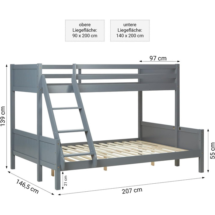 Дитяче двоярусне ліжко Homestyle4u 1898 для 2 дітей 90x200 і 140x200, біле, дерев'яний каркас з сосни, з ламелями, без матраца