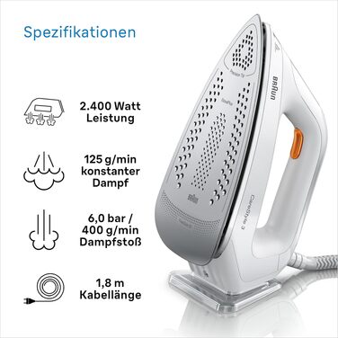 Парова станція Braun CareStyle 3 IS 3132 WH з підошвою FreeGlide 3D, тиск 6 бар, резервуар 2 л, 2400 Вт, білий/помаранчевий