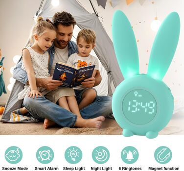 Дитячий нічник-будильник Homealexa Кролик: світловий будильник, нічник з функцією відкладання, подарунок для дівчаток (Рожевий/Зелений)