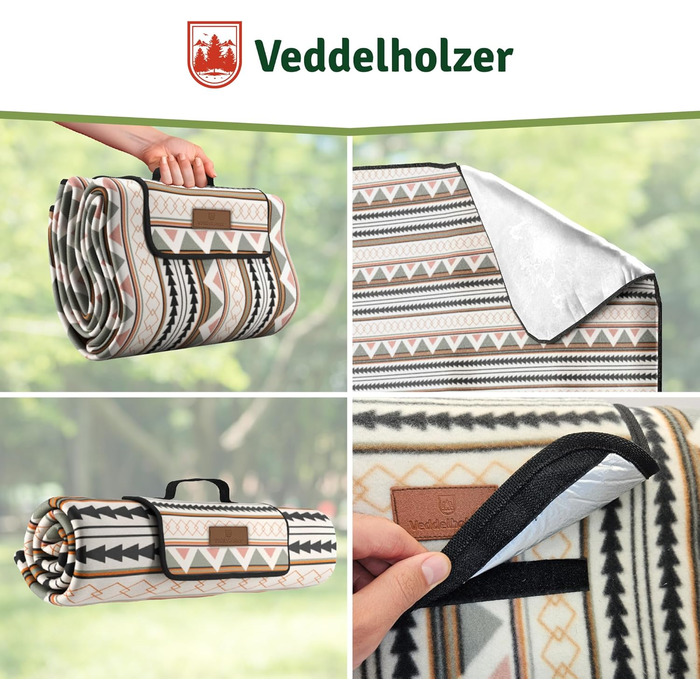 Водонепроникна пляжний коврик Veddelholzer Boho 200 x 200 см, ізольована підстилка для пікніка, кемпінгу та парку, стійка до піску