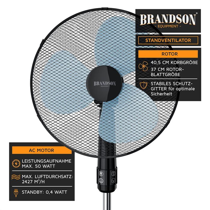 Вентилятор підлоговий Brandson 50 Вт, 40 см, з пультом, 3 швидкості, поворот 80°, регульована висота та кут нахилу 30°