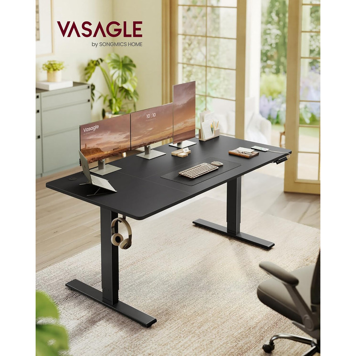 Регульований стіл VASAGLE 160x80 см, чорний: стоячий стіл з USB-C, органайзер для кабелів, пам'ять позицій, нагадування про сидіння для офісу LSD146BZ02