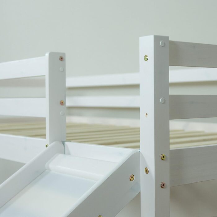 Дитяче ліжко Homestyle4u 90x200 см, біле, з гіркою та рожевим шторкою, дерев'яне ліжко-горище з сосни для дитячої кімнати