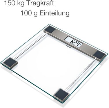 Ваги підлогові Beurer Cristal GS 11, скляні, електронні, LCD-дисплей, до 150 кг, прозорі