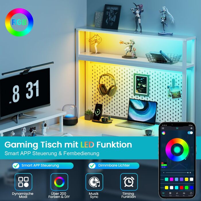 Ігровий стіл кутовий L-подібний з 3 розетками та 2 USB, LED підсвітка, стіл для комп'ютера з ящиками та підставкою для монітора, 150 x 100 см, білий