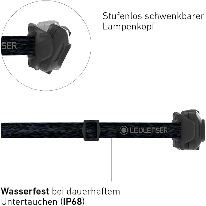 Налобний ліхтар Ledlenser HF4R Core, LED, 500 люмен, акумуляторний, водонепроникний IP68, з червоним світлом, чорний, для туризму та спорту