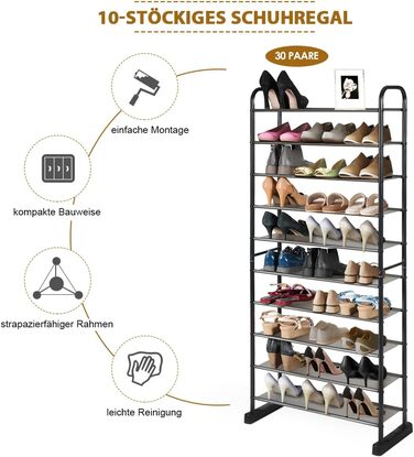 Металевий стелаж для взуття COSTWAY на 10 рівнів, чорний, 66x29x152 см, місткість до 30 пар, знімні полиці, органайзер для коридору та вітальні