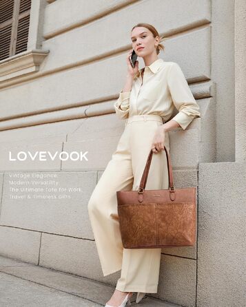 Жіноча сумка для ноутбука LOVEVOOK 15.6/17.3 дюймів, велика робоча сумка для жінок (світло-коричнева, з принтом)