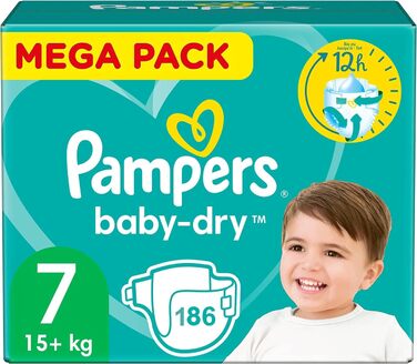 Підгузки Pampers Baby-Dry Нічні, розмір 7 (15+ кг), 186 шт, Mega Pack на 1 місяць, до 12 годин сухості, противитікання