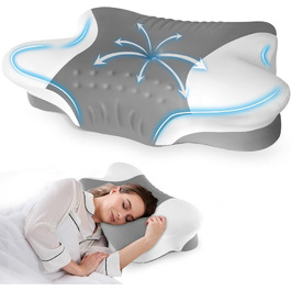 Ортопедична подушка для шиї з Memory Foam - ергономічна подушка для сну, що знімає біль у шиї, регульована для тих, хто спить на боці, з дихаючим чохлом для комфортного сну (Сіро-білий, 60 x 35 см)