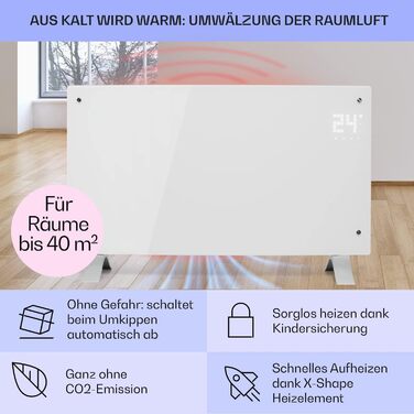 Електрообігрівач Klarstein Bornholm Curved Smart 2000 Вт, конвекторний, настінний або підлоговий, економний, керування через додаток, білий, з термостатом, безшумний