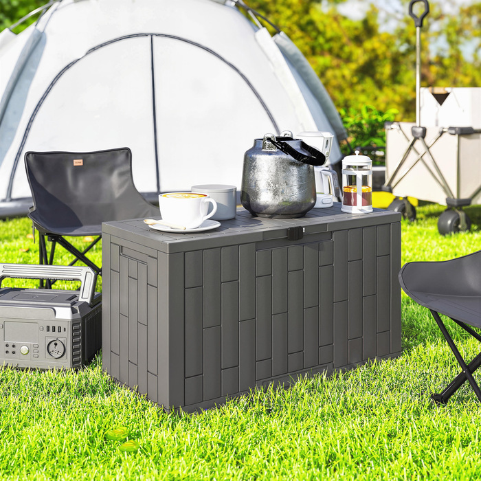 Водонепроникний садовий ящик Gartenbox 227 л з замком, стійкий до УФ-випромінювання, з деревним декором, 106,5x43x54,5 см, сірий