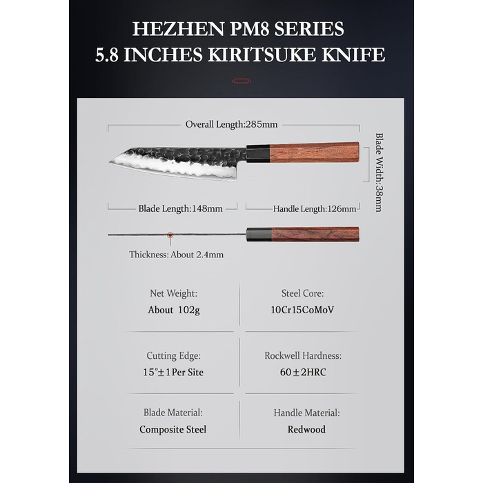 Професійний японський ніж Kiritsuke HEZHEN 21,5 см, кухонний ніж із 3-шарової дамаської сталі з восьмигранною ручкою з червоного дерева та дерев'яним чохлом