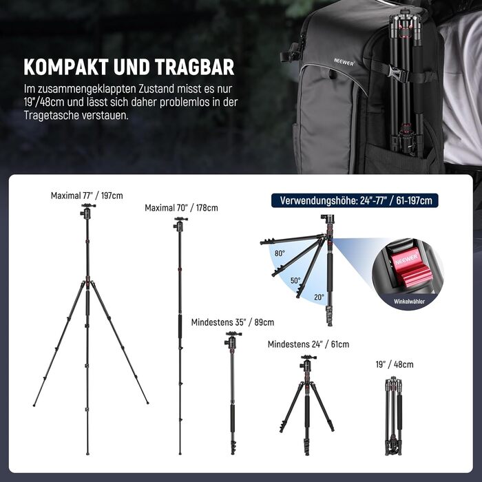 NEEWER 77'' штатив-монопод для DSLR і телефону, алюмінієвий, з 360° панорамною головкою, 2-осьовою центральною колоною, Arca QR, до 15,4 кг, сумка