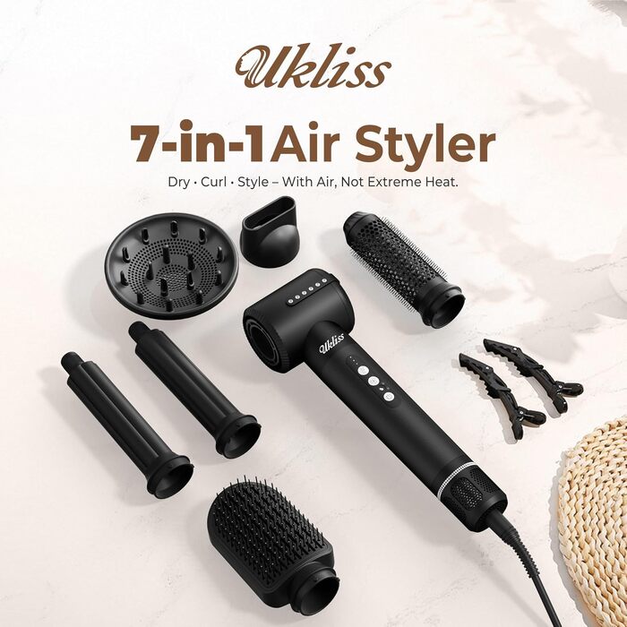 Hairstyler UKLISS Pro 7-в-1 з іонізацією: фен-щітка, кругла щітка, аеробраш для створення локонів (Чорний)