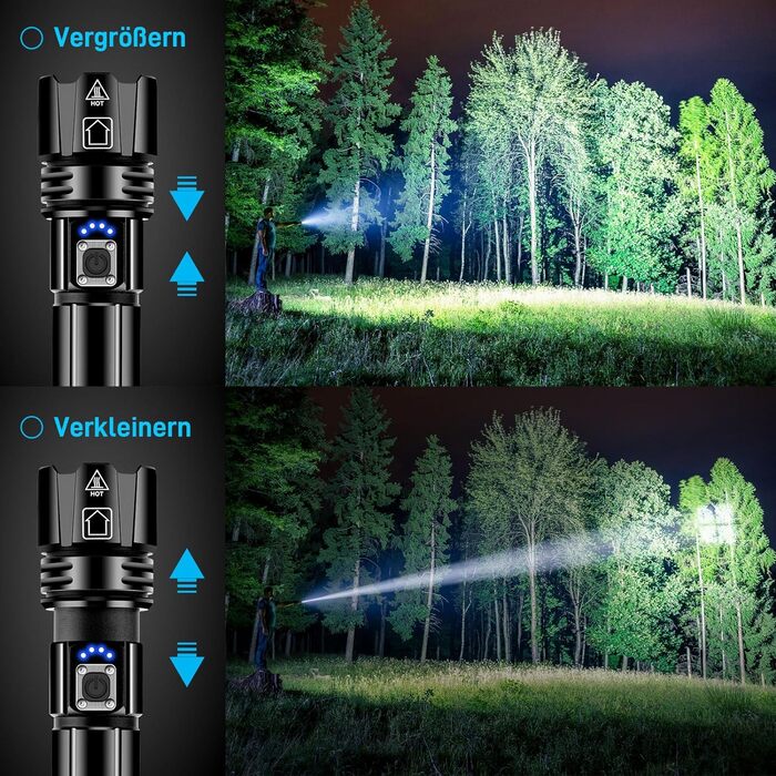 Потужний LED ліхтар XHP70.2, 1 000 000 Люмен, акумуляторний, 5 режимів, зум, водонепроникний IPX7, для кемпінгу та походів (набір 2 шт.)