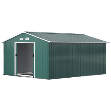 Outsunny Garden сарай 12,4 м², садовий сарай з односхилим дахом, розсувні двері, фундамент, 340 x 386 x 200 см, садовий сарай з оцинкованої сталі, стійкий до погодних умов, для саду, темно-зелений