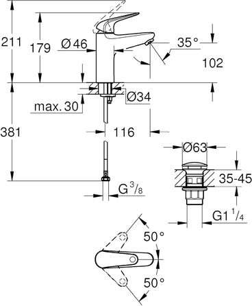 Змішувач для ванної кімнати GROHE Swift, хром, з донним клапаном, 18 см, з інструментом 3в1, економічний, Push-Open