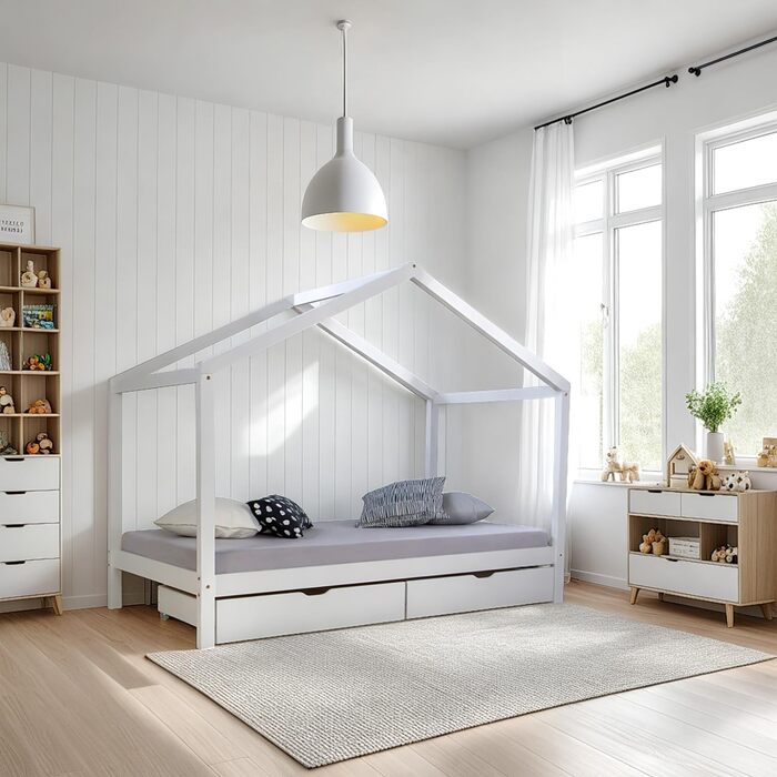 Дитяче ліжко Homestyle4u 90x200 з ящиком, монтессорі, з ламелями, біле, з дерева (сосна)