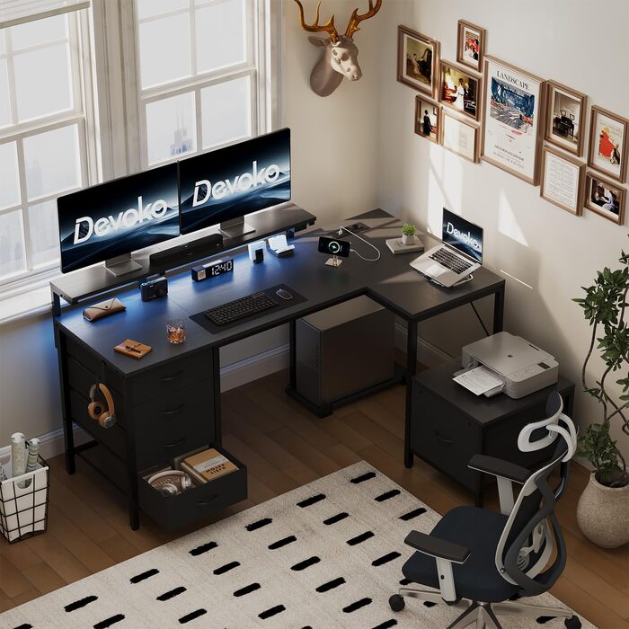 Кутовий стіл Devoko з розетками та USB, 160x120 см, чорний - для дому та геймінгу