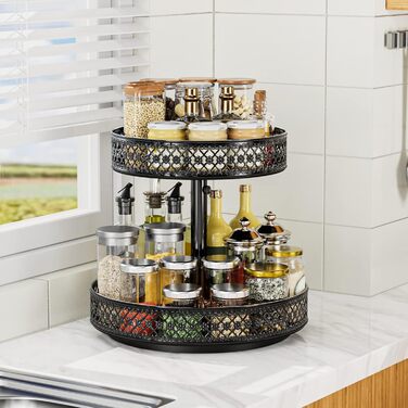 Органайзер Lazy Susan з 2 ярусами, обертовий металевий піднос 30,5 см, регульований, чорний, для спецій, кухні, шафи, ванної