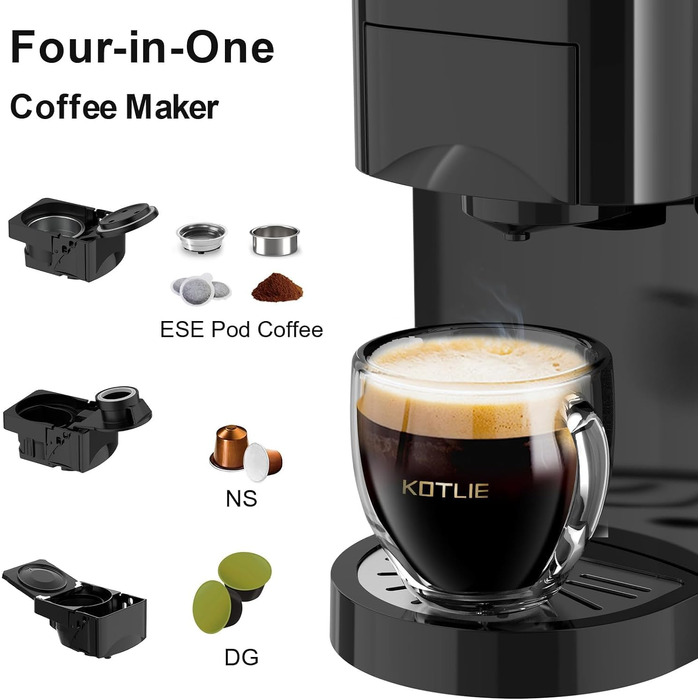 Кавомашина KOTLIE Espresso 4-в-1 для NES/Dolce Gusto/меленої кави/ESE (44мм), 19 Бар, Чорна