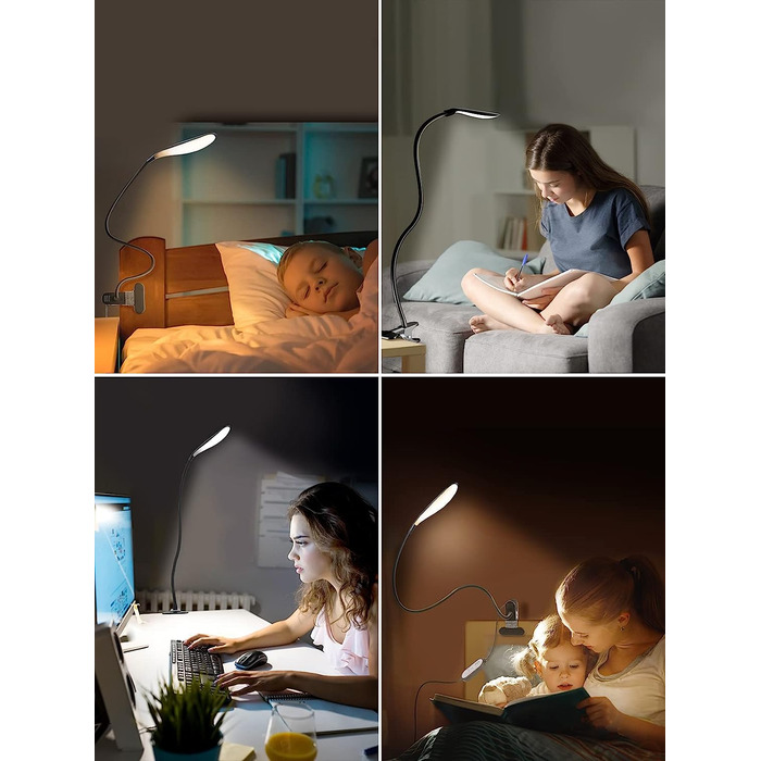 CRLL LED лампа з кліпсою USB для читання, настільна лампа з захистом очей, діммер, 5 кольорів і 5 рівнів яскравості, нічник для дітей, ідеальна для читання, малювання, шиття, манікюру