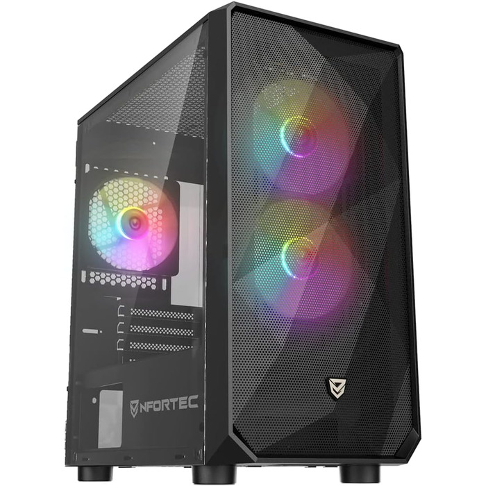 Корпус для ПК Nfortec DYS Mini Tower (MATX), 3x 120 мм ARGB вентилятори, металева сітка, бокова панель із загартованого скла, чорний