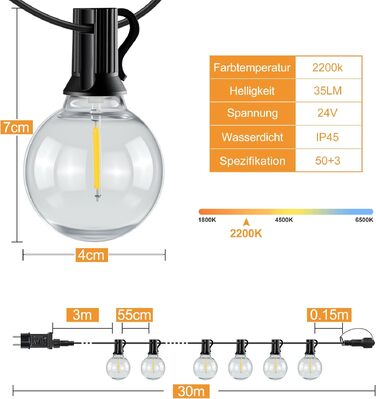 LED гірлянда вулична HeiPard 30м, 53 лампи G40, з пультом, таймером, димером, водонепроникна для саду, тераси, весіль