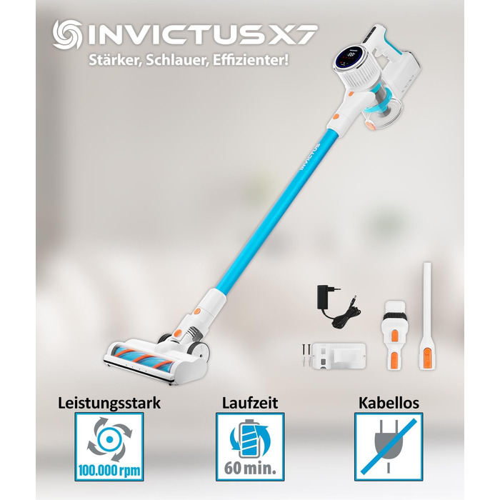 Акумуляторний пилосос Genius Invictus X7 Facelift, бездротовий, HEPA-фільтр, без мішка, до 60 хв роботи, 380 Вт, легкий, 12 насадок, синій/білий