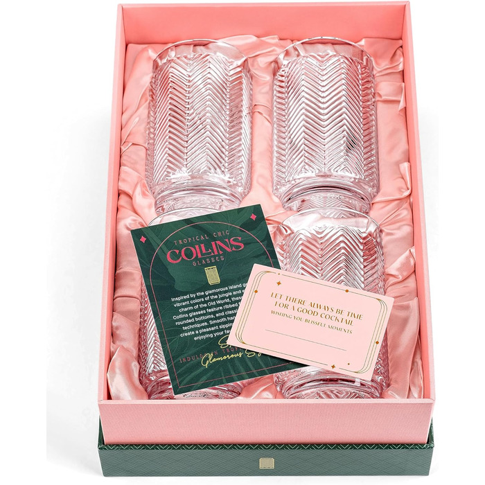 Набір склянок GLASSIQUE CADEAU Vintage Flamingo для коктейлів, 340 мл, 4 шт – кришталеві лонгдрінк та хайбол для Мохіто, Кайпірінья, тропічних і тіки коктейлів