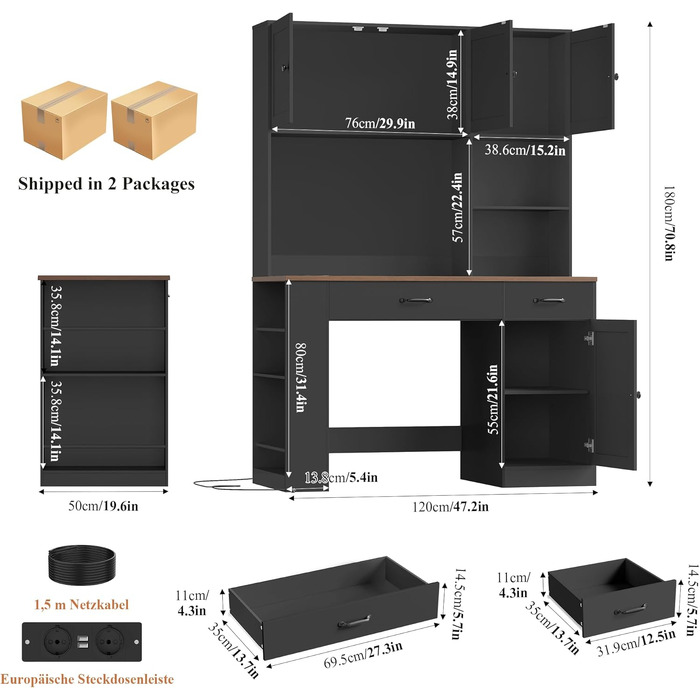 Письмовий стіл FirFurd 180x120x50 см з шухлядами, полицею для книг, LED-підсвіткою та розетками - дерев'яний комп'ютерний стіл для офісу, кабінету, дитячої кімнати (Чорний)