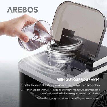 Машина для приготування льоду Arebos 12 кг/24 год | Чорна | З самоочищенням, тихою роботою та вікном для контролю рівня льоду