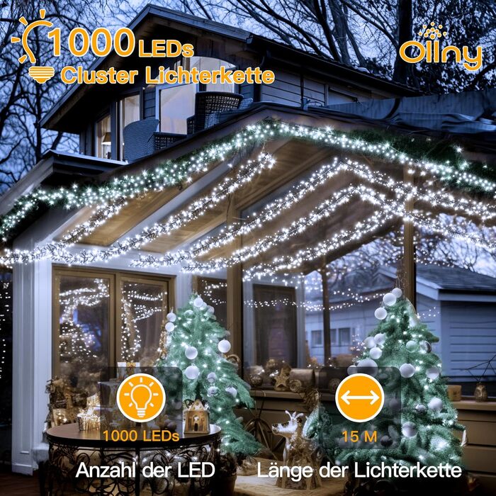 Світлодіодна гірлянда Ollny 15м, 1000 LED Cluster, водонепроникна IP44, 8 режимів та таймер, холодне біле світло для вулиці, ялинки та декору