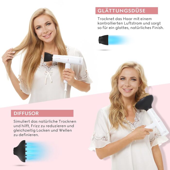 Професійний іонний фен PARWIN PRO BEAUTY з дифузором, 110 000 об/хв, безщітковий тихий мотор, 30 м/с повітряний потік, 3 швидкості і 3 температури, білий